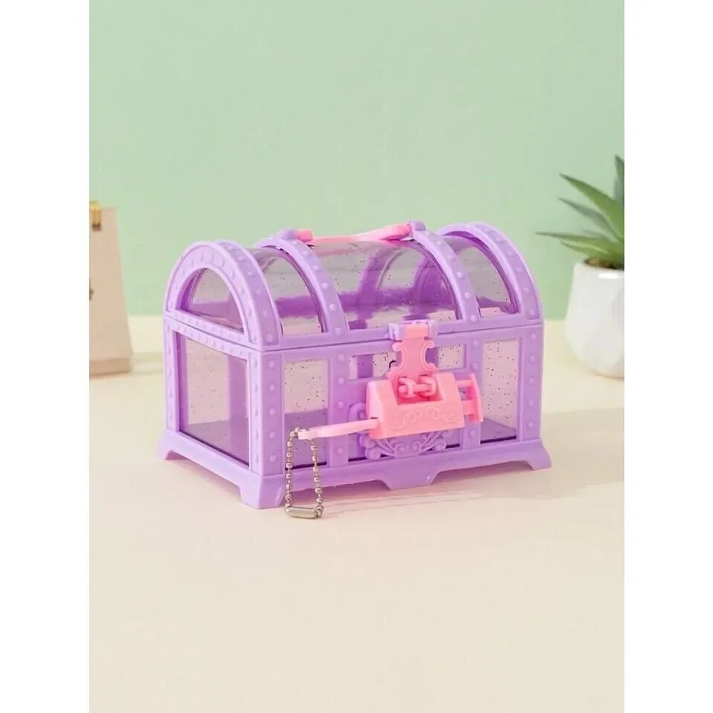 Purple Treasure Box & Key Girls Kids Organizer Plastic Jewelry Play Gift Cute